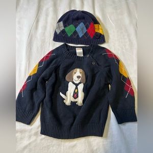 Gymboree boys argyle cotton sweater with dog on front and GAP boys argyle hat